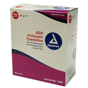 Dynarex BZK Antiseptic Towelette: 5" x 7", 100 Count
