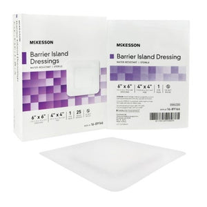 McKesson Composite Barrier Island Dressing Water Resistant 6 X 6 Inch Polypropylene / Rayon 4 X 4 Inch Pad Sterile, Box of 25