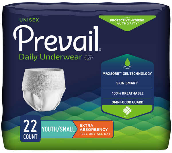 Prevail Unisex Youth Absorbent Underwear, Youth/Small, Extra Absorbency,  Pull on with Tear Away Seams