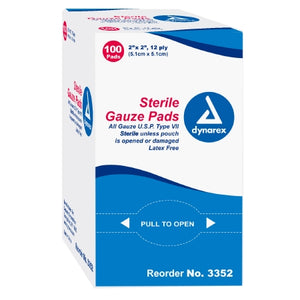 Dynarex Gauze Pad - 2" x 2", Box of 100, 12-Ply 61181909