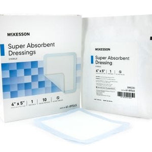 Mckesson Super Absorbent Polymer Dressing: 10 Count, White/Blue, 4" x 5", 1-Ply