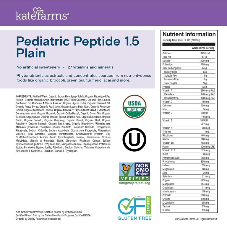 Kate Farms Pediatric Peptide 1.5 Sole-Source Nutrition Formula, Plain and Vanilla Flavors, Organic Enzymatically Hydrolyzed Plant-Based Protein Drink, Meal Replacement for Oral & Tube Feeding, 8.45 FL Oz, Pack of 12 or 1 Each 53563105 50360471 89125858 13460951