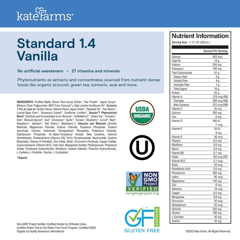Kate Farms Adult Standard 1.4 Formula, Chocolate, Vanilla, and Plain Flavors, Sole Source Nutrition, Meal-Replacement Shake or Supplemental Drink, Complete Vegan Protein Shake, 11 FL Oz, Pack of 12 or 1 Each 23377621 15525027