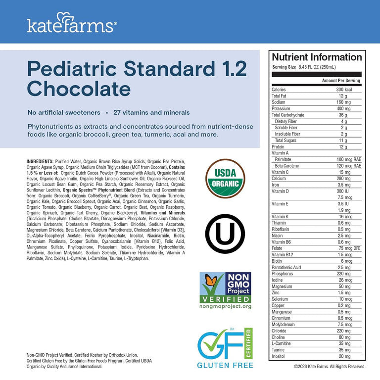 Kate Farms Pediatric Standard 1.2 Formula, Vanilla and Chocolate Flavors, Sole Source Nutrition, Nutritional Supplement Drinks, Feeding Tube Meals, Protein Shakes for Kids, 8.45 FL Oz, Pack of 12 or 1 Each 50140977 75112656