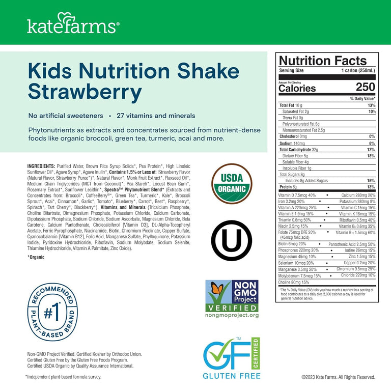 Kate Farms Pediatric Organic Nutrition Shake, Multiple Flavors, 8G of Protein, 27 Vitamins and Minerals, Meal Replacement, Protein Shake, Gluten Free, Non-GMO, 8.45 Fl Oz, Pack of 12 85278924