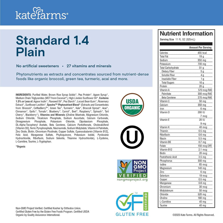 Kate Farms Adult Standard 1.4 Formula, Chocolate, Vanilla, and Plain Flavors, Sole Source Nutrition, Meal-Replacement Shake or Supplemental Drink, Complete Vegan Protein Shake, 11 FL Oz, Pack of 12 or 1 Each 67721660 30756921