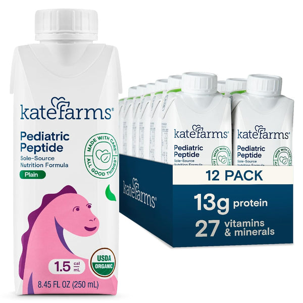 Kate Farms Pediatric Peptide 1.5 Sole-Source Nutrition Formula, Plain and Vanilla Flavors, Organic Enzymatically Hydrolyzed Plant-Based Protein Drink, Meal Replacement for Oral & Tube Feeding, 8.45 FL Oz, Pack of 12 or 1 Each 53563105