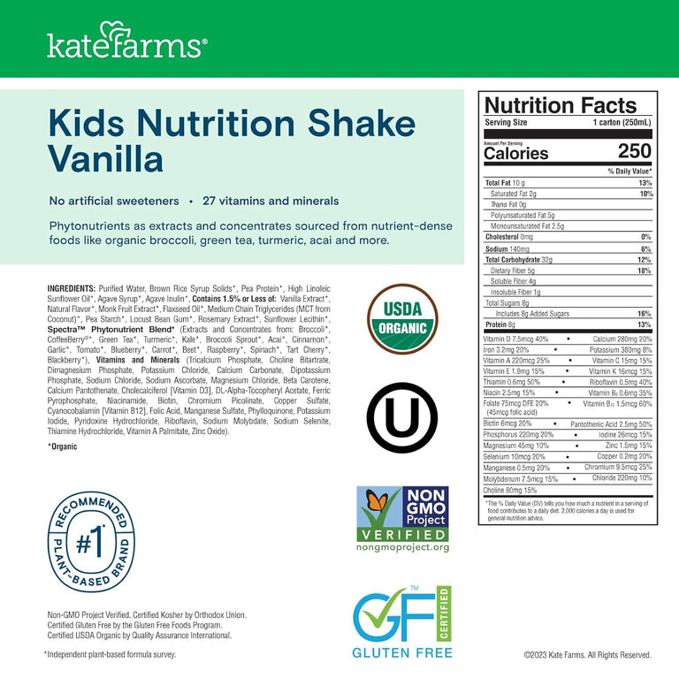 Kate Farms Pediatric Organic Nutrition Shake, Multiple Flavors, 8G of Protein, 27 Vitamins and Minerals, Meal Replacement, Protein Shake, Gluten Free, Non-GMO, 8.45 Fl Oz, Pack of 12 58204931