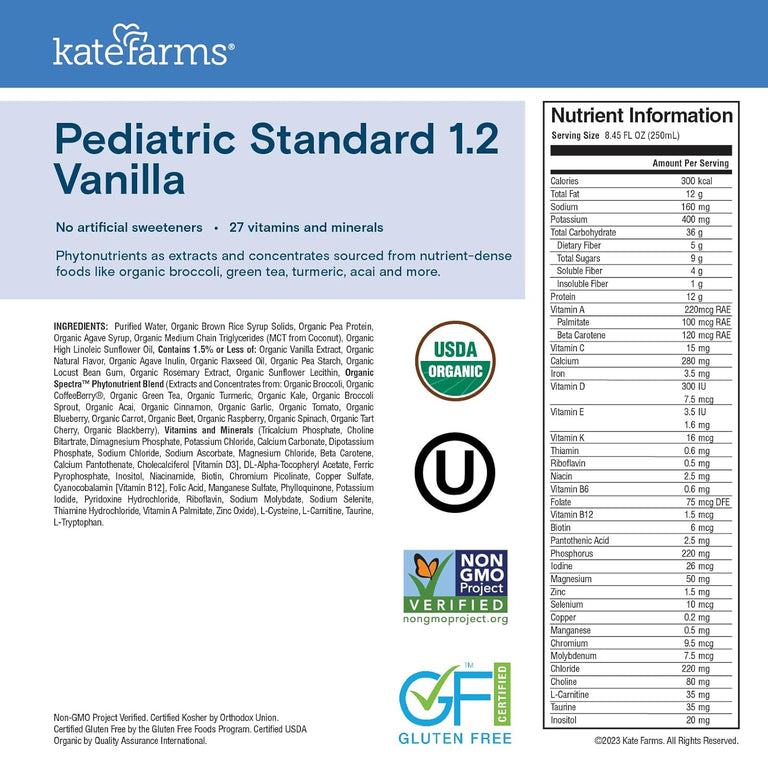 Kate Farms Pediatric Standard 1.2 Formula, Vanilla and Chocolate Flavors, Sole Source Nutrition, Nutritional Supplement Drinks, Feeding Tube Meals, Protein Shakes for Kids, 8.45 FL Oz, Pack of 12 or 1 Each 66702505 23548802