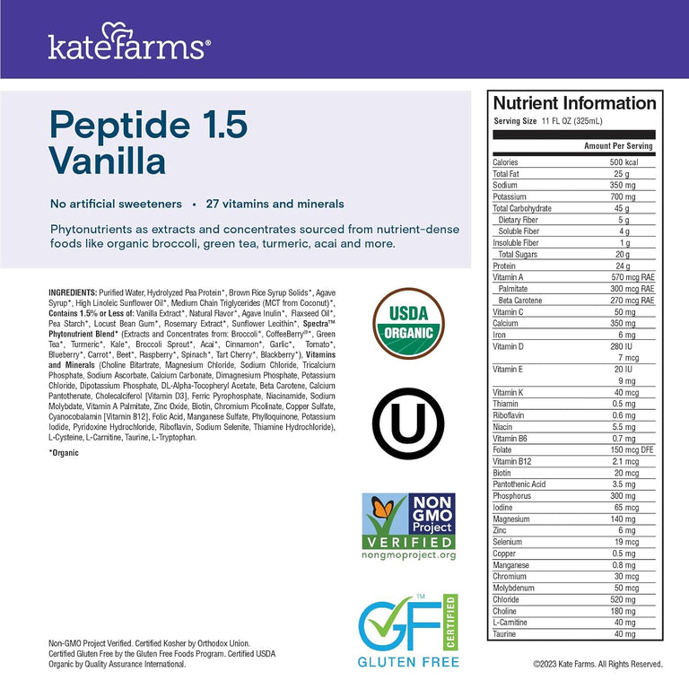 Kate Farms Adult Peptide 1.5 Sole-Source Nutrition Formula, Vanilla and Plain Flavors, Organic Enzymatically Hydrolyzed Plant-Based Protein Drink, Made Without Gluten, Soy, Dairy, or Corn, 11 FL Oz, Pack of 12 or 1 Each 58241201 42763861