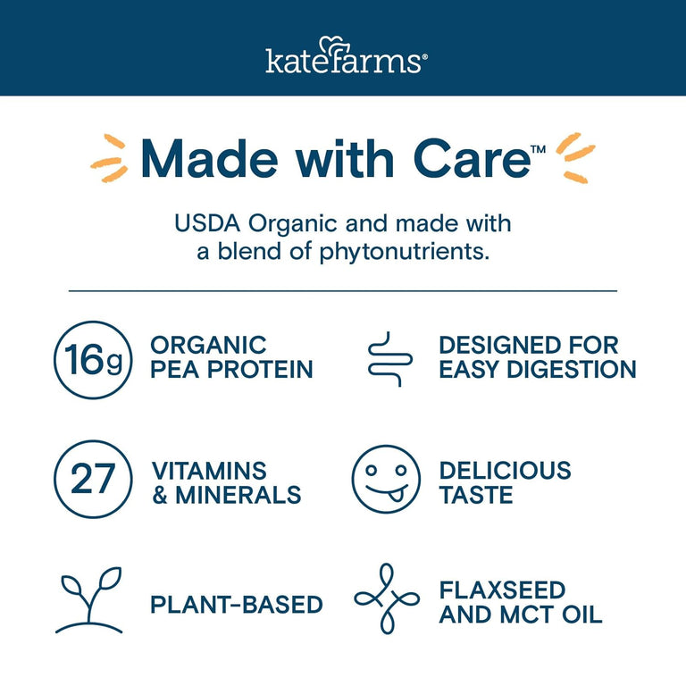 Kate Farms Adult Standard 1.0 Formula, Organic Vegan Plant Based Nutrition Shake, Vanilla, Chocolate, and Plain Flavors, 16G Protein, 28 Vitamins + Minerals, Gluten Free and Non-GMO, 11 FL Oz, Pack of 12 or 1 Each 31467378 57515874