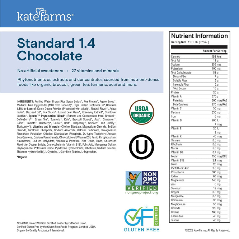 Kate Farms Adult Standard 1.4 Formula, Chocolate, Vanilla, and Plain Flavors, Sole Source Nutrition, Meal-Replacement Shake or Supplemental Drink, Complete Vegan Protein Shake, 11 FL Oz, Pack of 12 or 1 Each 50009417 41511943