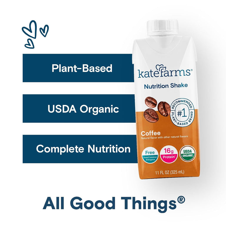 Kate Farms Organic Plant Based Nutrition Shake, Vanilla, Chocolate, and Coffee Flavors, 16g protein, 27 Vitamins and Minerals, Meal Replacement, Protein Shake, Gluten Free, Non-GMO, 11 oz, 11 FL Oz, Pack of 12 or 1 Each 46060736 86209759