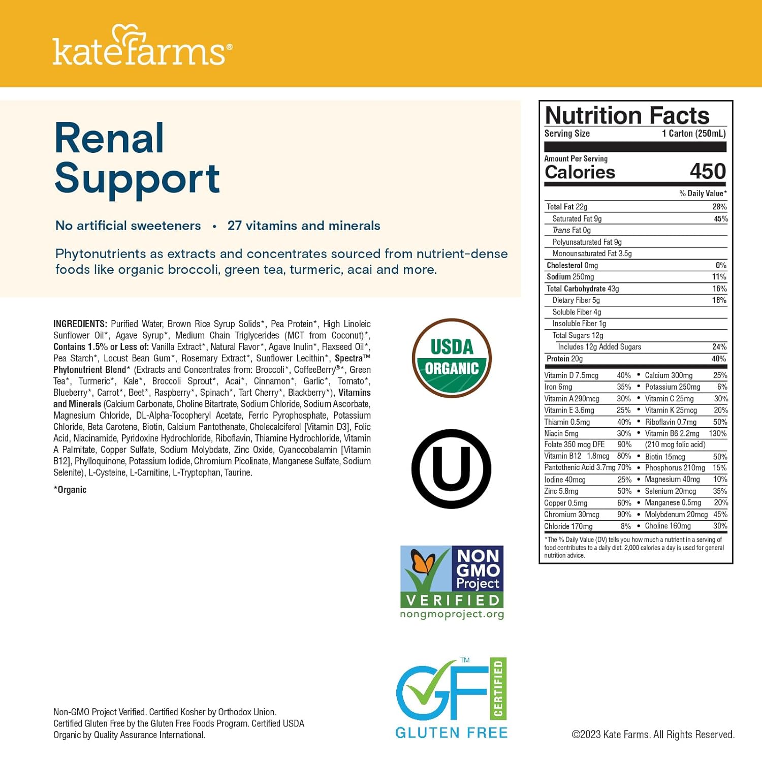 Kate farms renal support 1 8 shake vanilla flavor organic plant based
