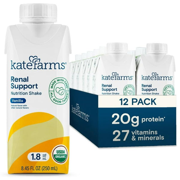 Kate Farms Renal Support 1.8 Shake, Vanilla Flavor, Organic Plant Based, 20g Protein, 27 Vitamins and Minerals, Specialized Dialysis Nutrition Support, Gluten Free and Non-GMO, 8.45 Fl Oz, Pack of 12 or 1 Each 25705634