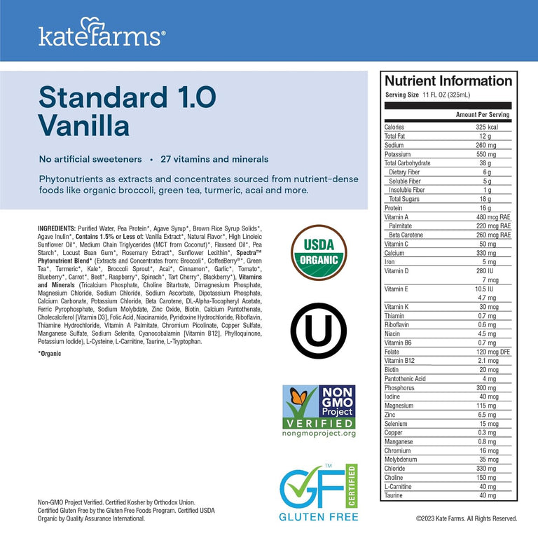 Kate Farms Adult Standard 1.0 Formula, Organic Vegan Plant Based Nutrition Shake, Vanilla, Chocolate, and Plain Flavors, 16G Protein, 28 Vitamins + Minerals, Gluten Free and Non-GMO, 11 FL Oz, Pack of 12 or 1 Each 46924951 89518573