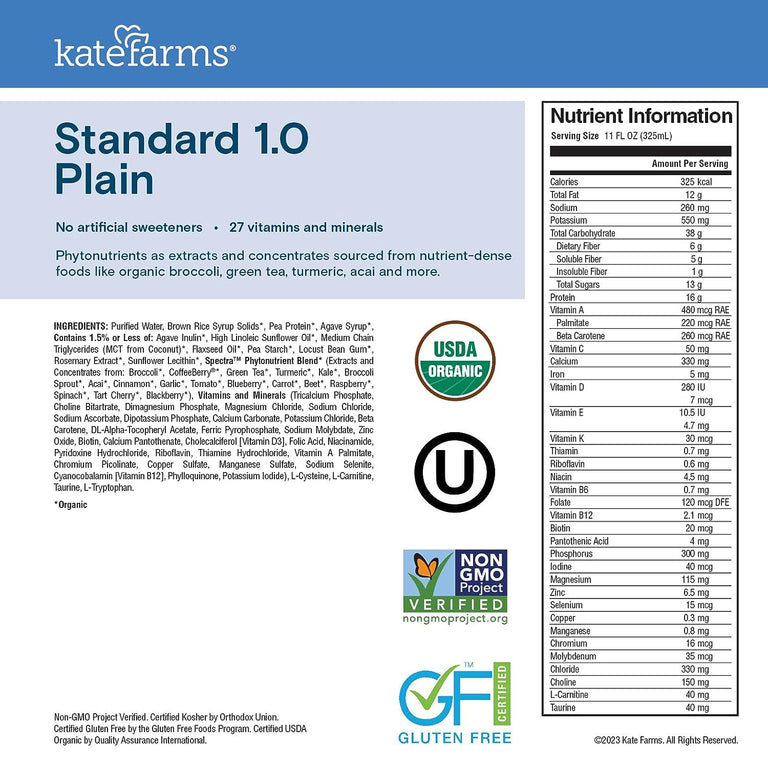 Kate Farms Adult Standard 1.0 Formula, Organic Vegan Plant Based Nutrition Shake, Vanilla, Chocolate, and Plain Flavors, 16G Protein, 28 Vitamins + Minerals, Gluten Free and Non-GMO, 11 FL Oz, Pack of 12 or 1 Each 31467378 57515874
