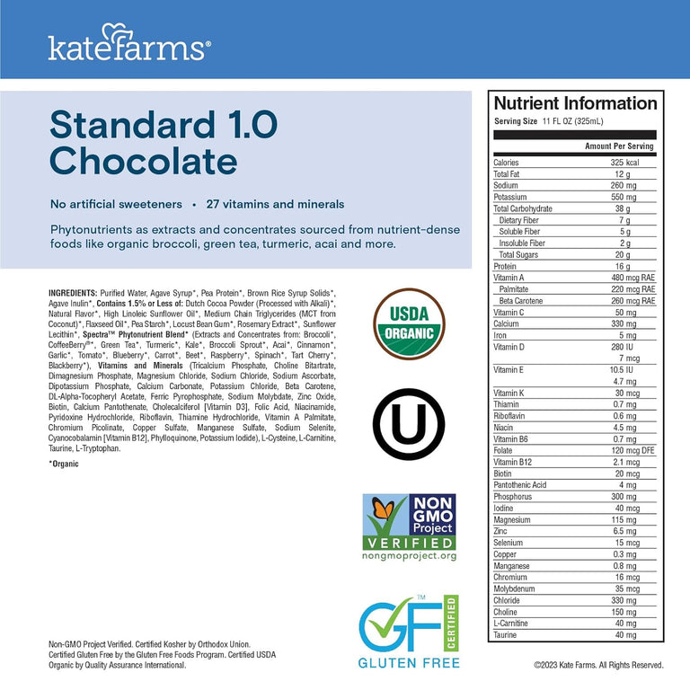 Kate Farms Adult Standard 1.0 Formula, Organic Vegan Plant Based Nutrition Shake, Vanilla, Chocolate, and Plain Flavors, 16G Protein, 28 Vitamins + Minerals, Gluten Free and Non-GMO, 11 FL Oz, Pack of 12 or 1 Each 34654826 74392194