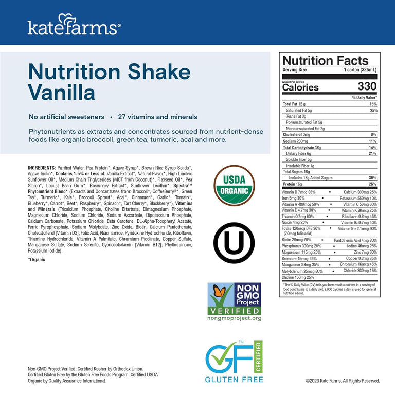 Kate Farms Organic Plant Based Nutrition Shake, Vanilla, Chocolate, and Coffee Flavors, 16g protein, 27 Vitamins and Minerals, Meal Replacement, Protein Shake, Gluten Free, Non-GMO, 11 oz, 11 FL Oz, Pack of 12 or 1 Each 38288507 72432039