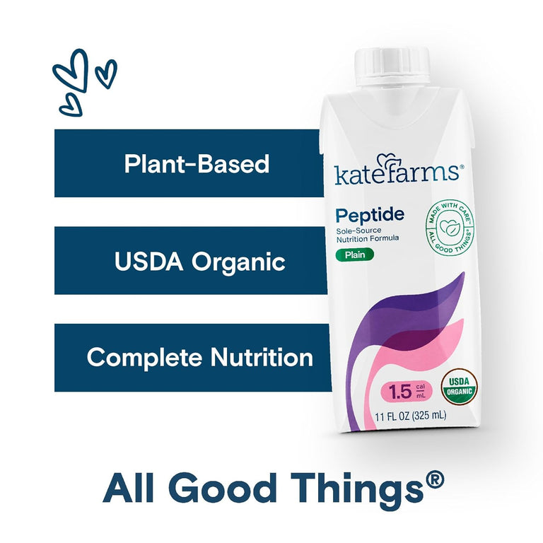 Kate Farms Adult Peptide 1.5 Sole-Source Nutrition Formula, Vanilla and Plain Flavors, Organic Enzymatically Hydrolyzed Plant-Based Protein Drink, Made Without Gluten, Soy, Dairy, or Corn, 11 FL Oz, Pack of 12 or 1 Each 23548211 78336010
