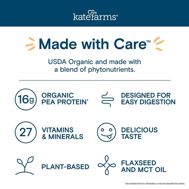 Kate Farms Organic Plant Based Nutrition Shake, Vanilla, Chocolate, and Coffee Flavors, 16g protein, 27 Vitamins and Minerals, Meal Replacement, Protein Shake, Gluten Free, Non-GMO, 11 oz, 11 FL Oz, Pack of 12 or 1 Each 36727887 98777883