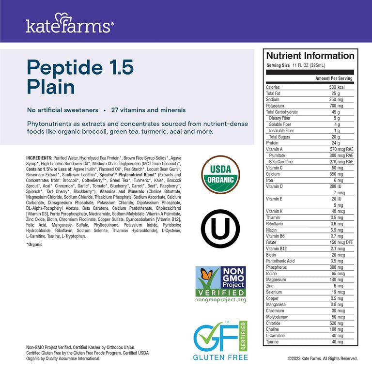 Kate Farms Adult Peptide 1.5 Sole-Source Nutrition Formula, Vanilla and Plain Flavors, Organic Enzymatically Hydrolyzed Plant-Based Protein Drink, Made Without Gluten, Soy, Dairy, or Corn, 11 FL Oz, Pack of 12 or 1 Each 23548211 78336010