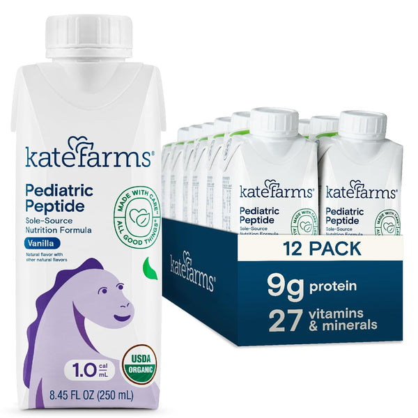 Kate Farms Pediatric Peptide 1.0 Sole-Source Nutrition Formula, Vanilla Flavor, Organic Enzymatically Hydrolyzed Plant-Based Protein Drink, Meal Replacement for Oral & Tube Feeding, 8.45 FL Oz, Pack of 12 or 1 Each 48266483