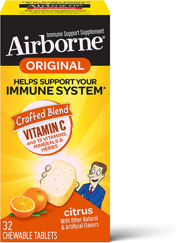 Airborne 1000mg Vitamin C Chewable Tablets with Zinc, Immune Support Supplement with Powerful Antioxidants Vitamins A C & E - 32 Chewable Tablets, Citrus Flavor 35227047