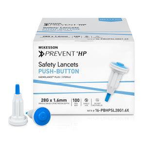 McKesson Prevent HP Safety Lancet, Fixed Depth Lancet, Needle, 1.6 Mm Depth, 28 Gauge, Push Button, Box of 100
