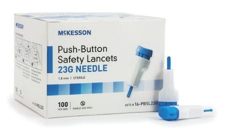 McKesson 16-PBSL23G Safety Lancet Fixed Depth Lancet Needle 1.8 mm Depth 23 Gauge Push Button Box of 100