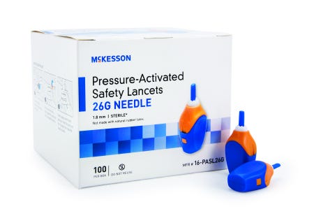 McKesson Safety Lancet, Fixed Depth Lancet, Needle, 1.8 Mm Depth, 26 Gauge, Pressure Activated, Box of 100