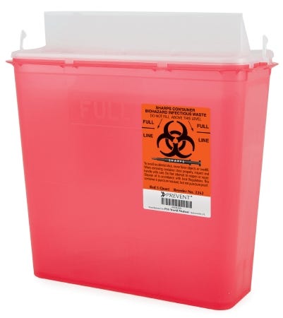Prevent Sharps Container, 2-Piece, 10.75H X 10.5W X 4.75D Inch, 5 Quart, Red Base, Horizontal Entry Lid, 1 Count