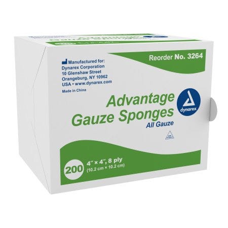 Dynarex Advantage Gauze Sponge, 8 ply 4 X 4in Square NonSterile, Pack of 200 13505976