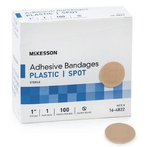 Mckesson Adhesive Spot Bandage: 100 Count, Tan, 1" dia., Plastic 93157111