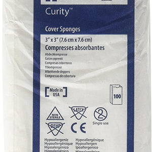 Curity Nonsterile Cover Sponge 3" L x 3" W, Nonwoven Cellulose Wadding Filled Sponge, Pack of 100
