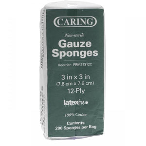 Caring Woven Non-Sterile Gauze Sponges, 3" X 3", 12 Ply, Bag of 200