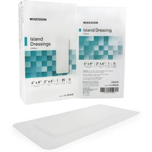 Mckesson Adhesive Island Dressing: 25 Count, White, Rectangle Shape, 2" x 6" (Pad), 4" x 8"
