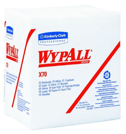 WypAll X70 Task Wipe, Heavy Duty, White, NonSterile, Cellulose / Polypropylene, 12 X 12-1/2 Inch, Reusable, Case of 912