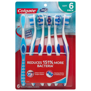 Colgate 360 Toothbrush with Tongue and Cheek Cleaner, Soft - 6 Count