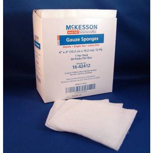 McKesson 1642442 USP Type VII Gauze Sponge Cotton Gauze 12Ply 4 X 4 Inch Square Sterile, Box of 50