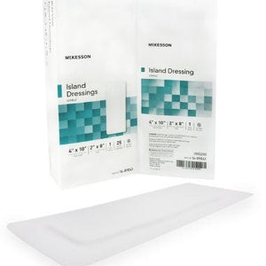 Mckesson Adhesive Island Dressing: 25 Count, White, Rectangle Shape, 4" x 10", 2" x 8" (Pad)